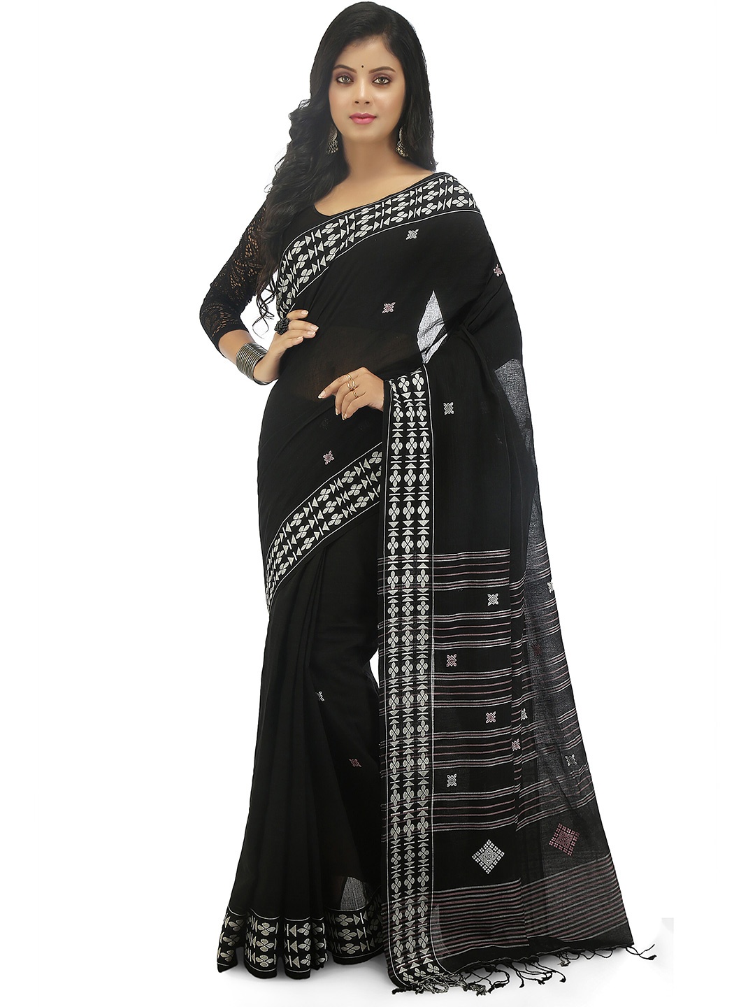 

BENGAL HANDLOOM Ethnic Motifs Woven Designed Pure Cotton Taant Saree, Black