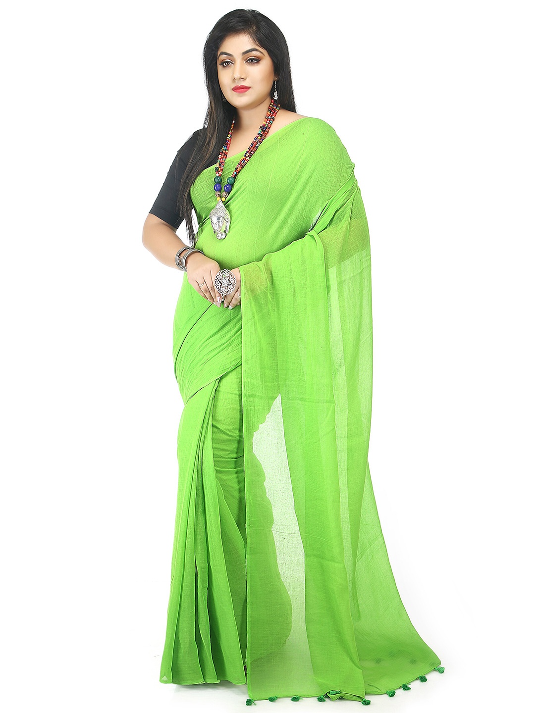 

BENGAL HANDLOOM Art Silk Taant Saree, Green