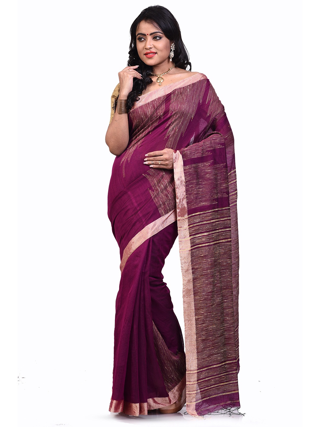 

BENGAL HANDLOOM Woven Design Zari Taant Saree, Pink