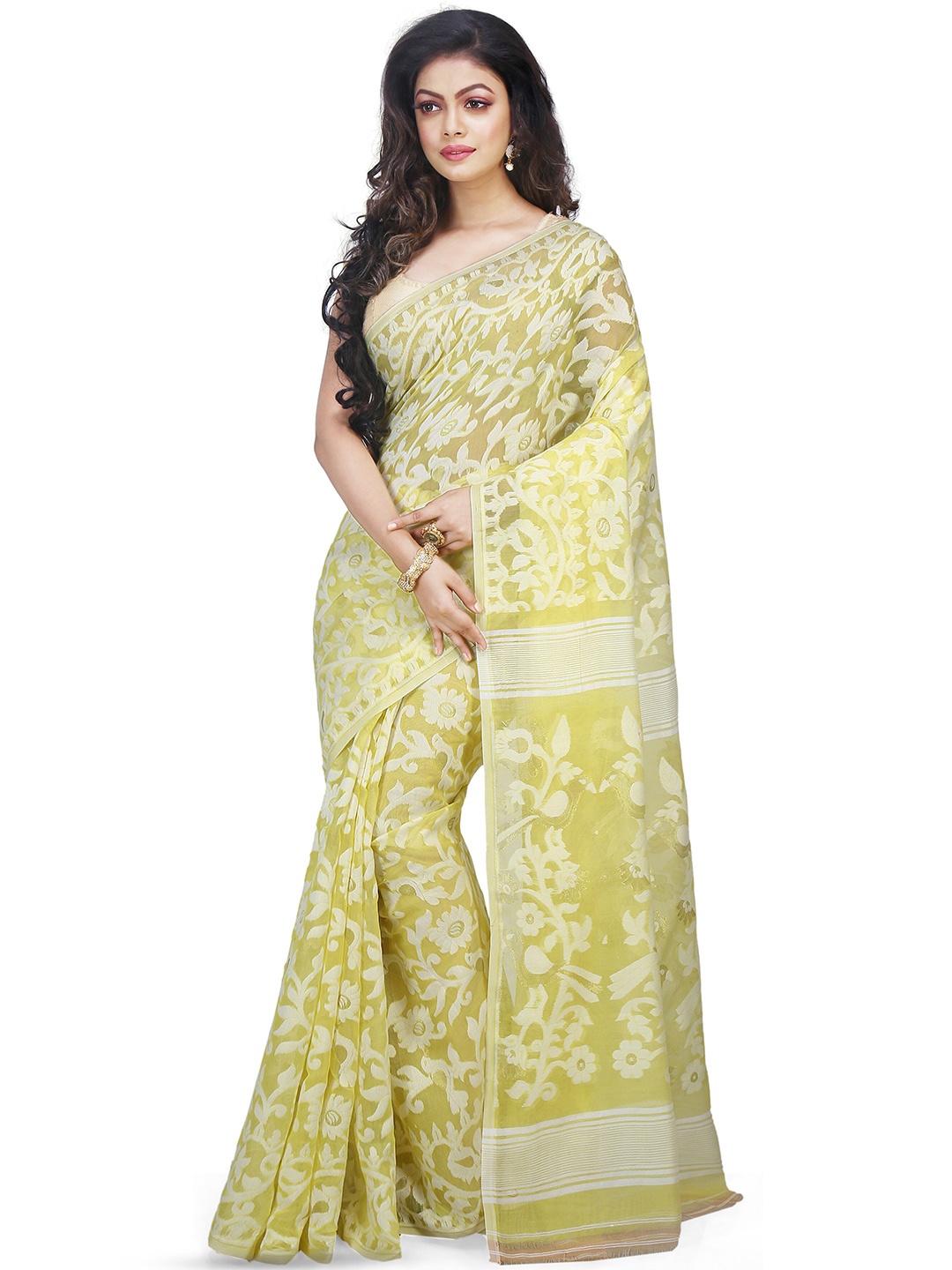 

BENGAL HANDLOOM Woven Design Floral Art Silk Taant Saree, Yellow