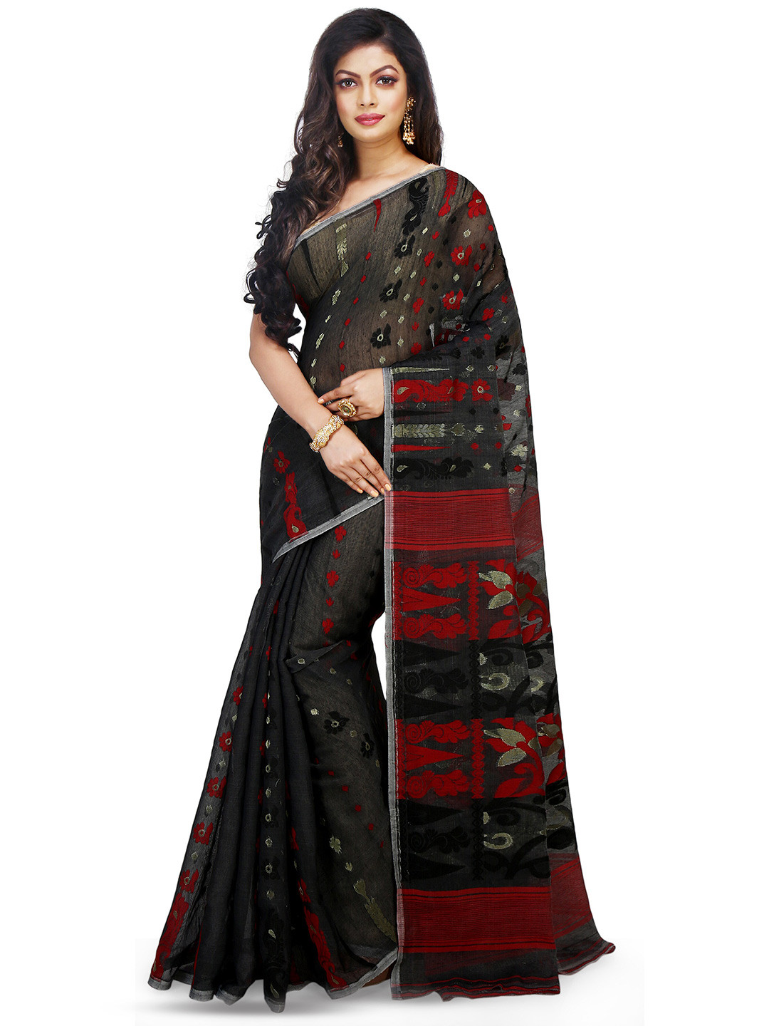 

BENGAL HANDLOOM Woven Design Floral Art Silk Taant Saree, Black