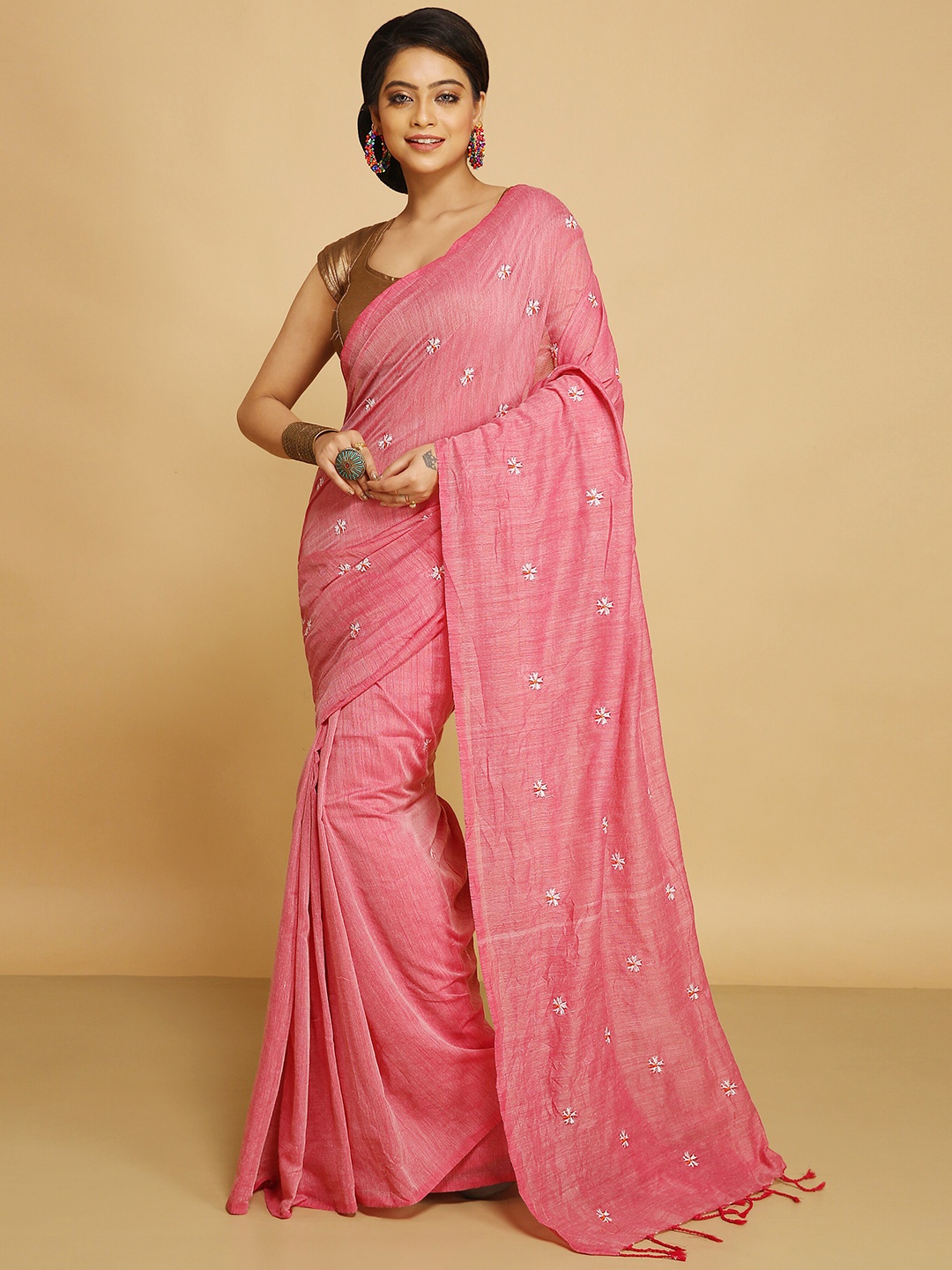 

BENGAL HANDLOOM Ethnic Motifs Woven Design Art Silk Taant Saree, Pink