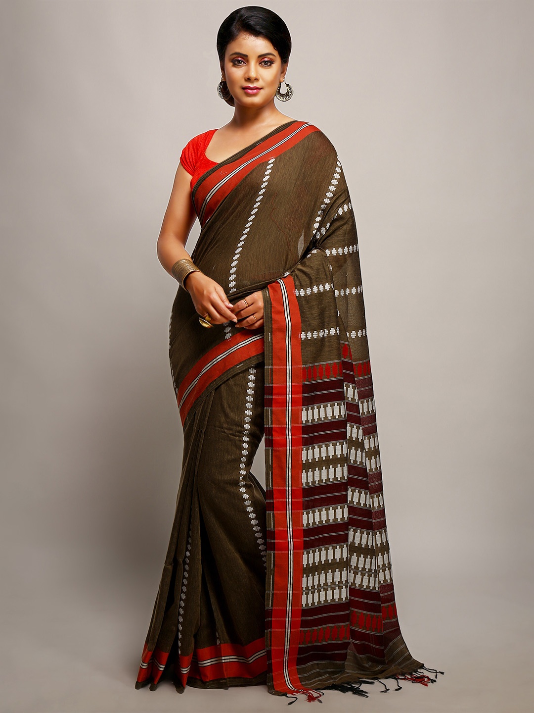 

BENGAL HANDLOOM Ethnic Motifs Woven Design Saree, Brown