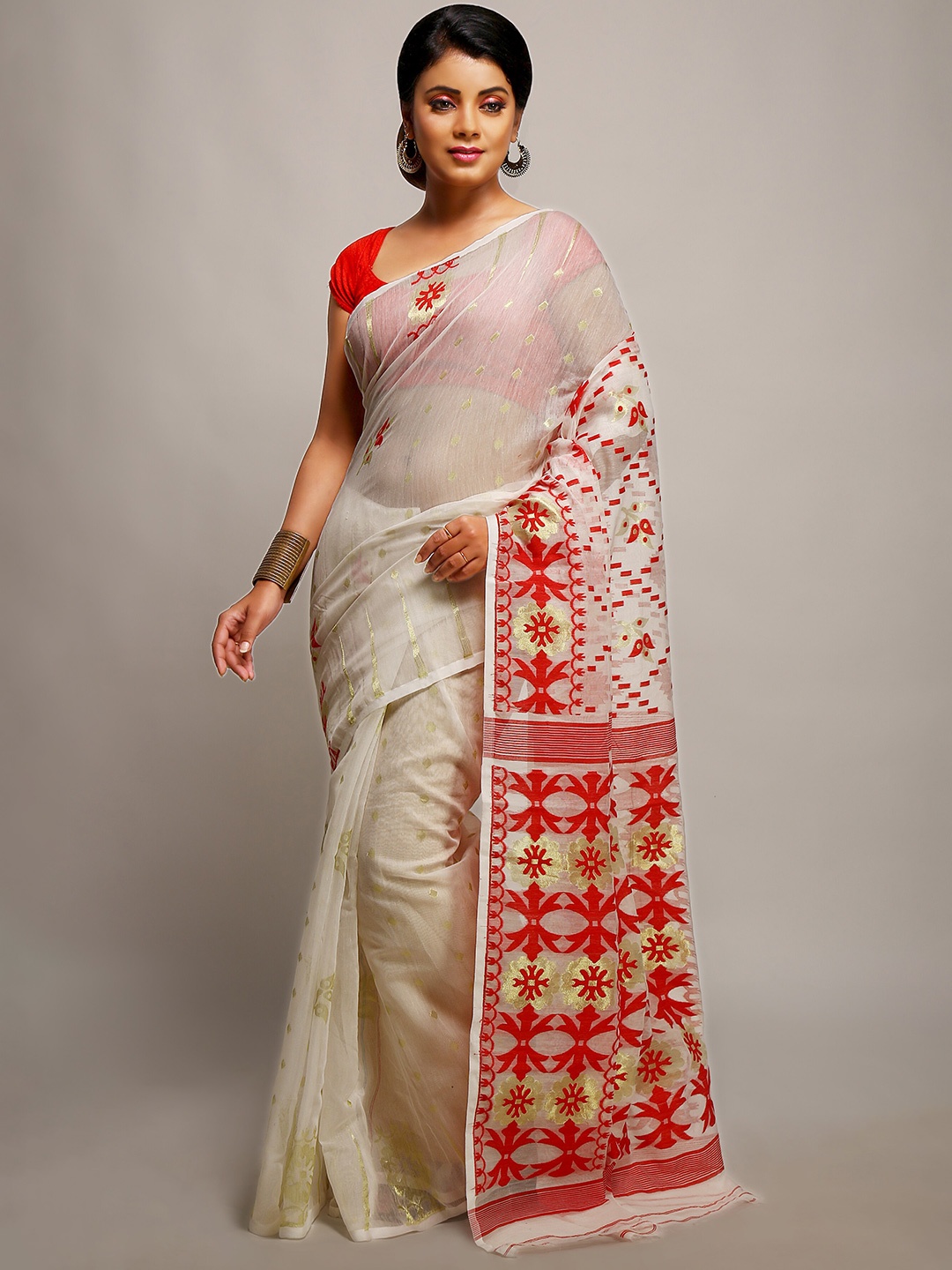 

BENGAL HANDLOOM Ethnic Motifs Woven Design Zari Taant Saree, White