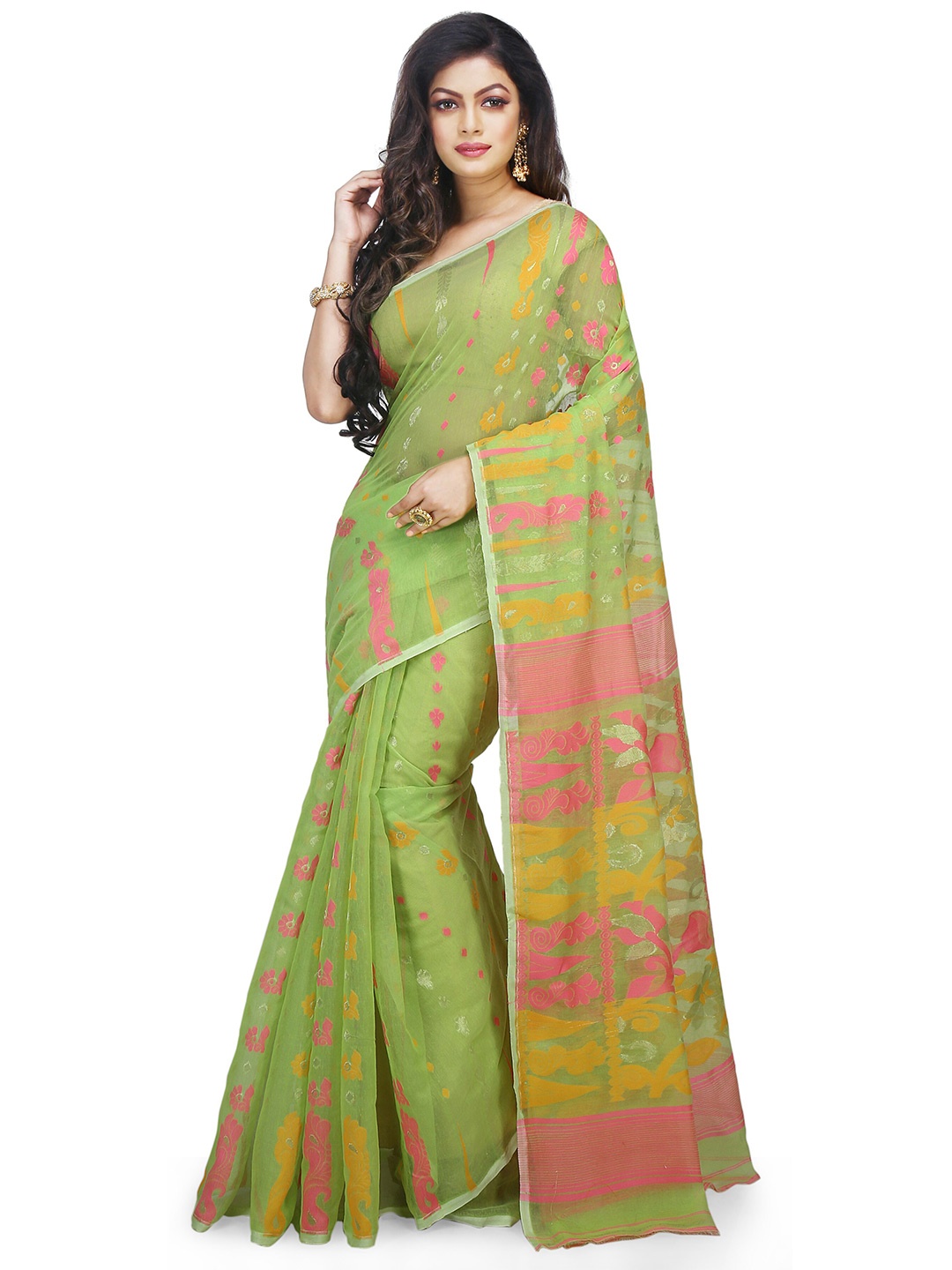 

BENGAL HANDLOOM Ethnic Motifs Woven Design Zari Jamdani Saree, Green