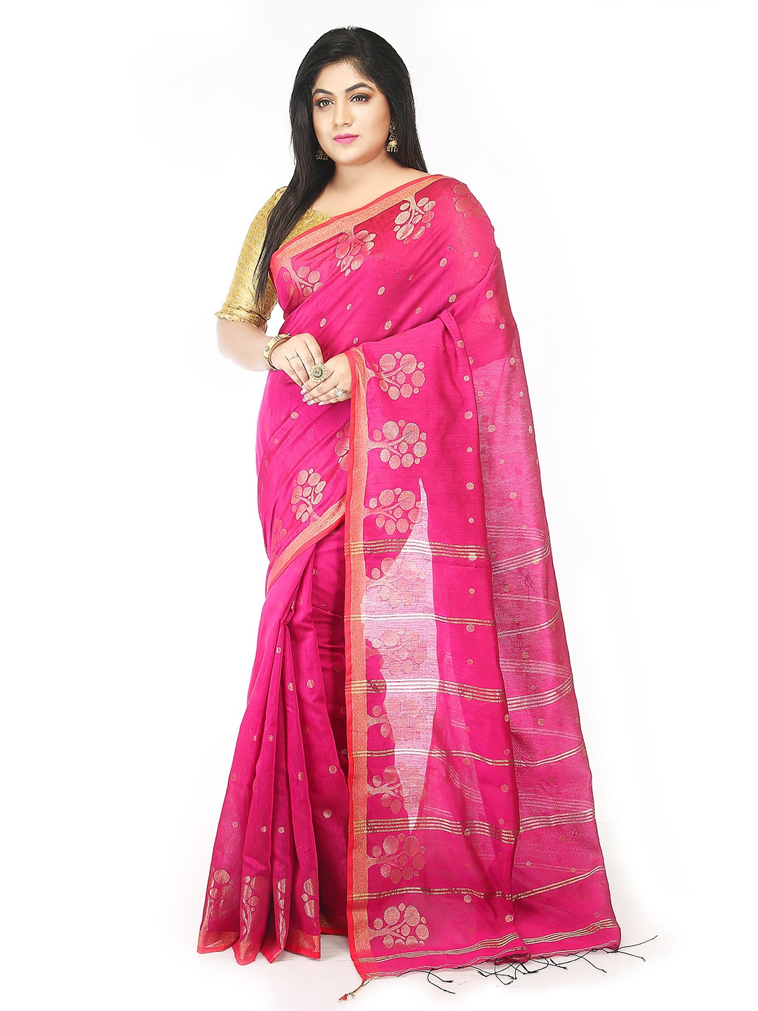 

BENGAL HANDLOOM Floral Woven Design Zari Taant Saree, Pink