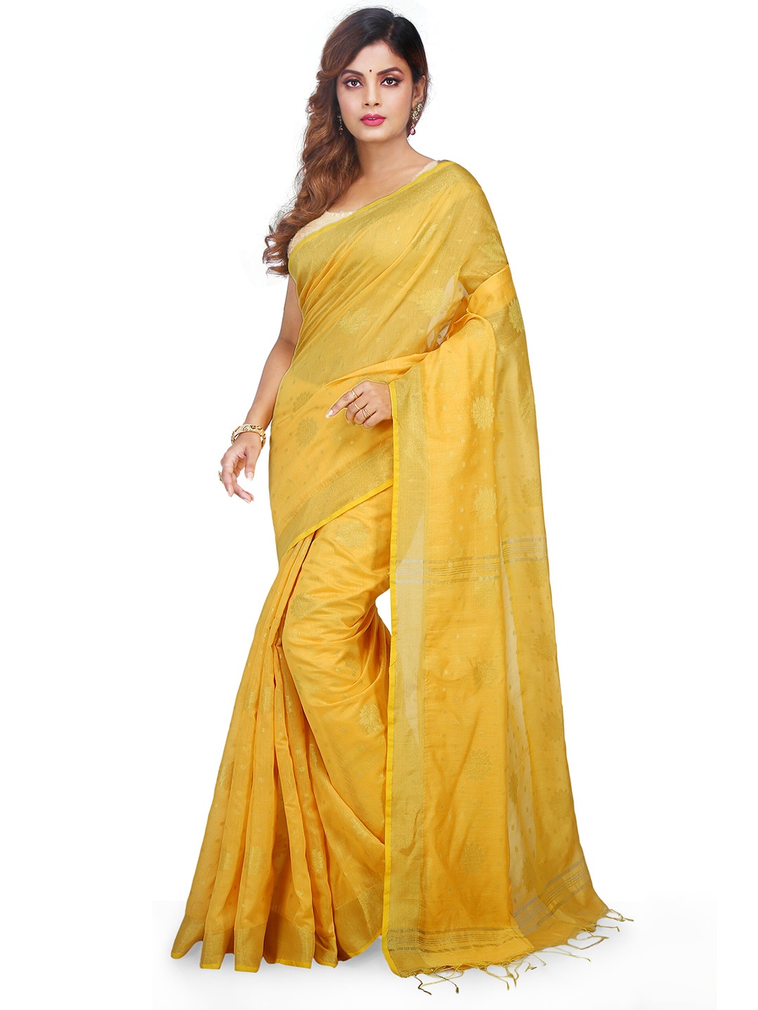 

BENGAL HANDLOOM Ethnic Motifs Woven Design Zari Taant Saree, Yellow