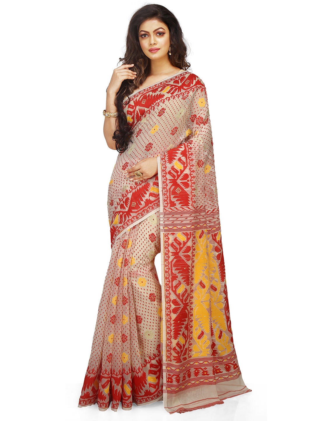 

BENGAL HANDLOOM Ethnic Motifs Woven Design Zari Taant Saree, White