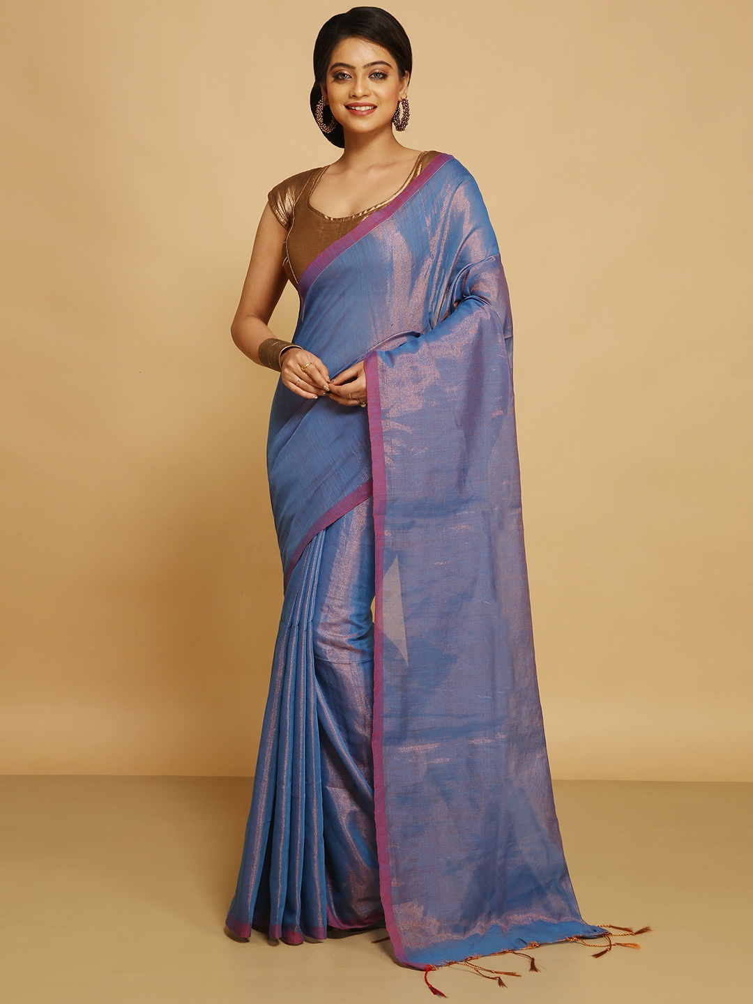 

BENGAL HANDLOOM Zari Taant Saree, Blue