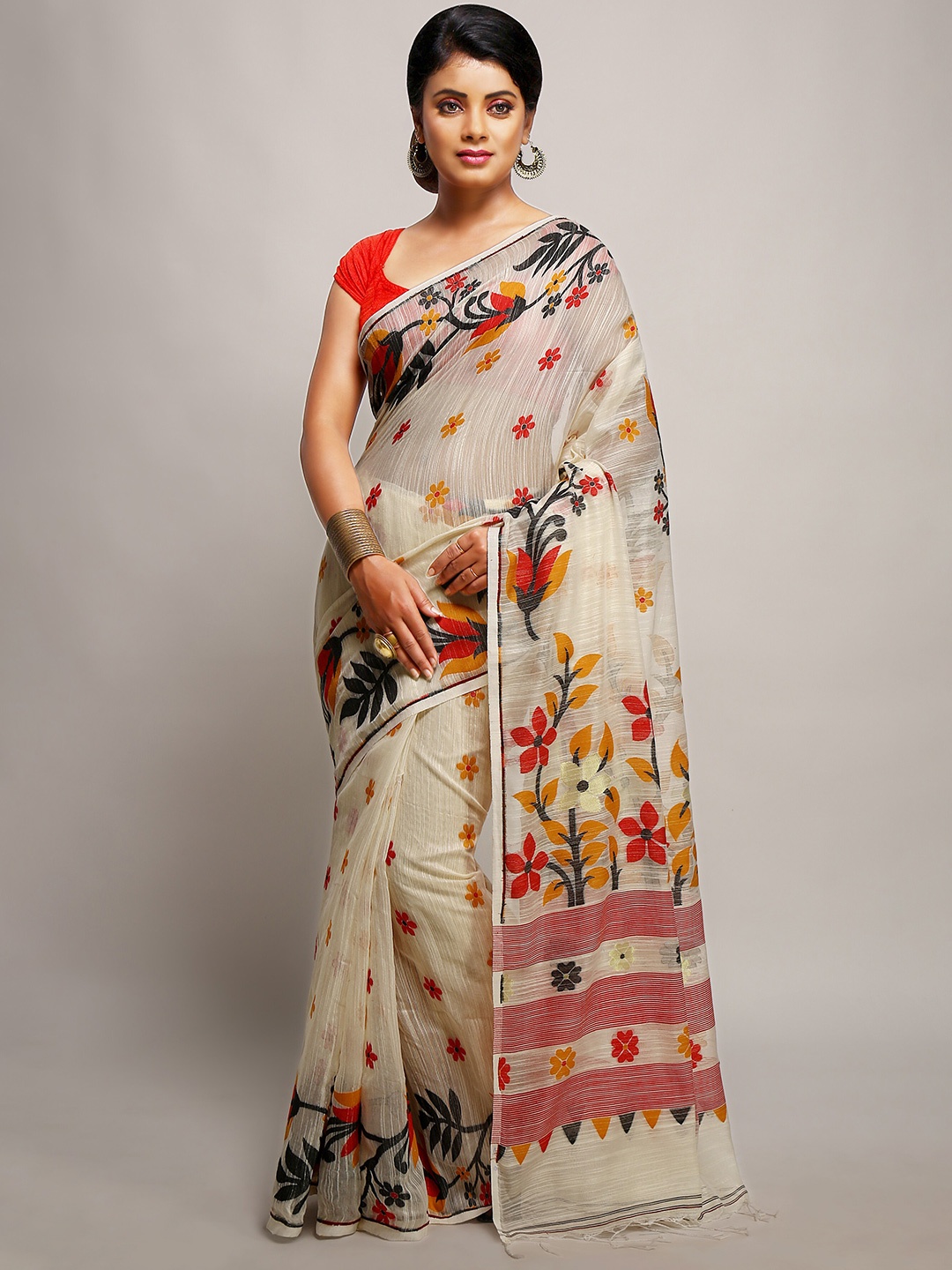 

BENGAL HANDLOOM Floral Woven Design Cotton Silk Taant Saree, White