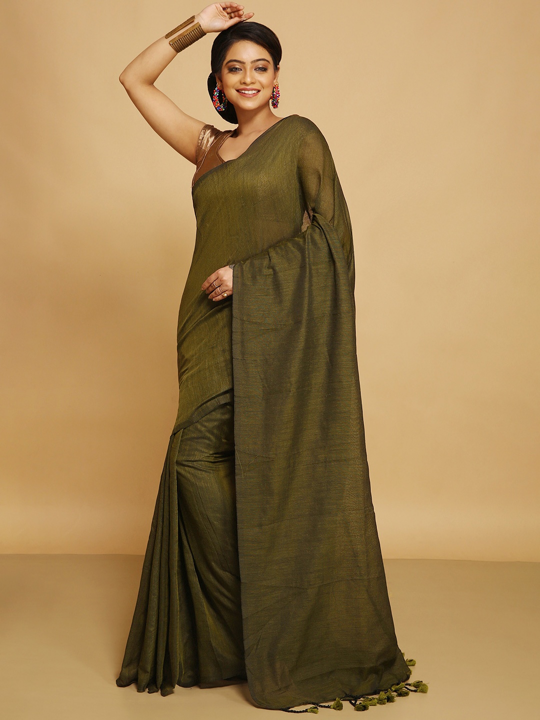 

BENGAL HANDLOOM Art Silk Taant Saree, Green