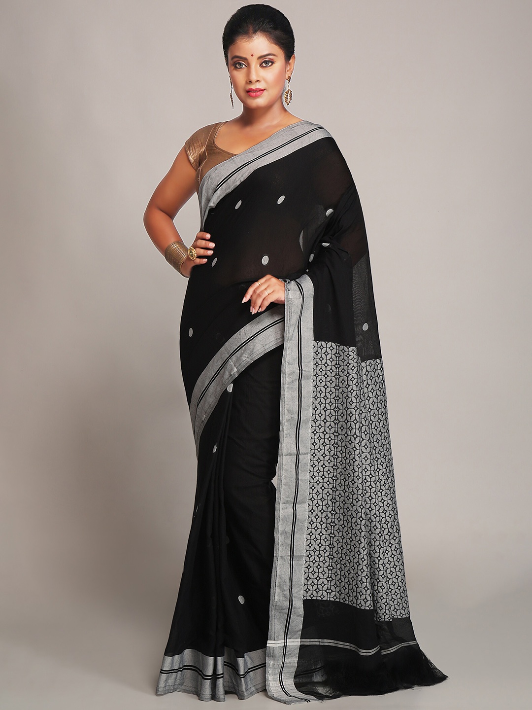 

BENGAL HANDLOOM Ethnic Motifs Woven Design Art Silk Taant Saree, Black