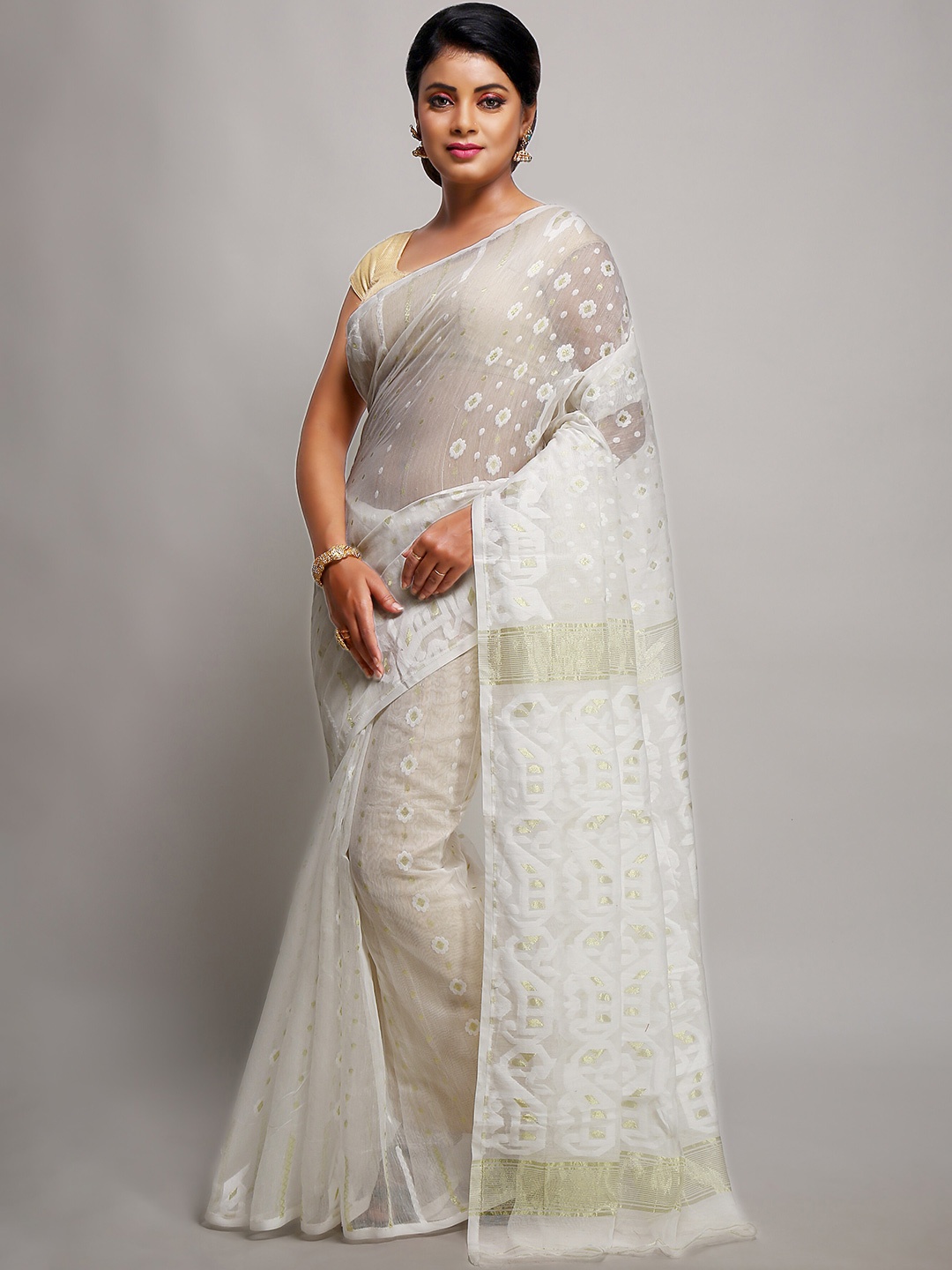 

BENGAL HANDLOOM Ethnic Motifs Woven Design Silk & Cotton Taant Saree, White