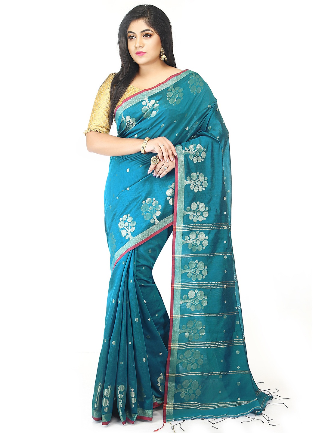 

BENGAL HANDLOOM Geometric Woven Design Zari Taant Saree, Teal