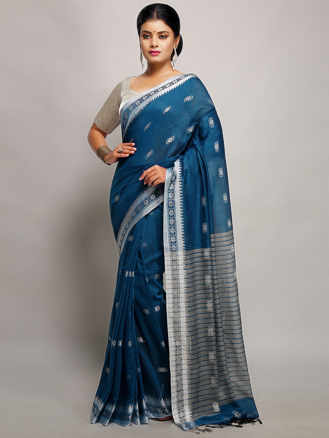 

BENGAL HANDLOOM Ethnic Motifs Woven Design Taant Saree, Blue