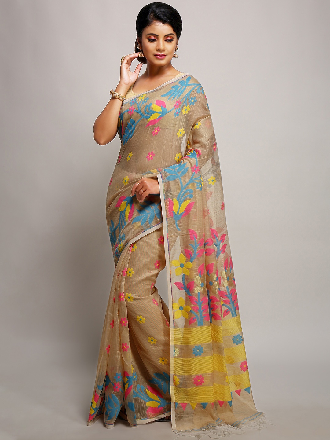 

BENGAL HANDLOOM Ethnic Motifs Woven Design Art Silk Taant Saree, Beige