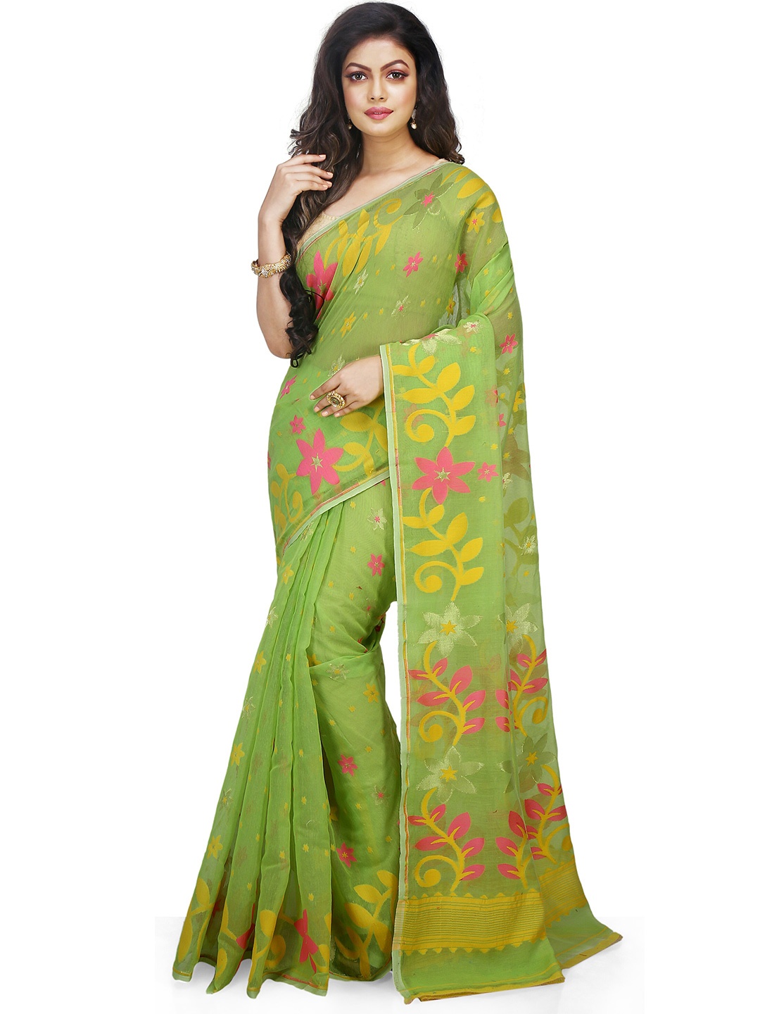 

BENGAL HANDLOOM Ethnic Motifs Woven Designed Taant Saree, Green