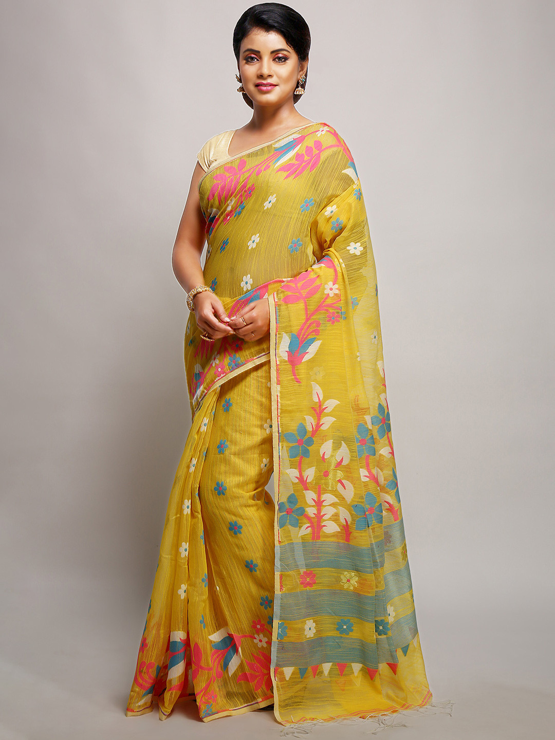 

BENGAL HANDLOOM Floral Woven Design Saree, Yellow