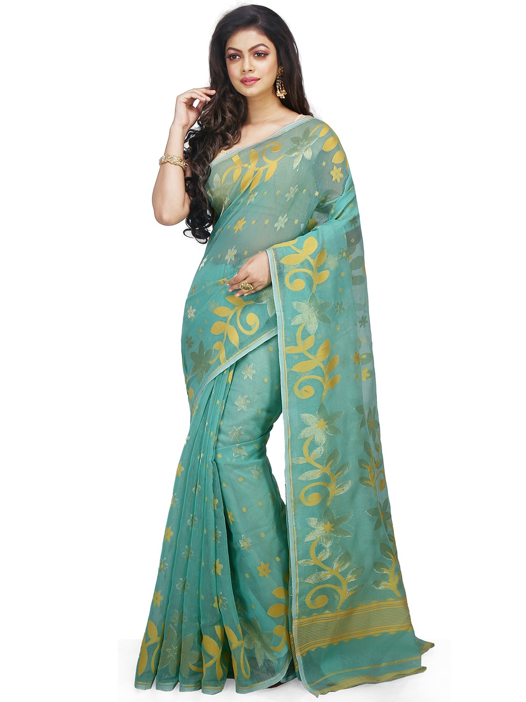 

BENGAL HANDLOOM Ethnic Motifs Woven Design Zari Art Silk Taant Saree, Turquoise blue