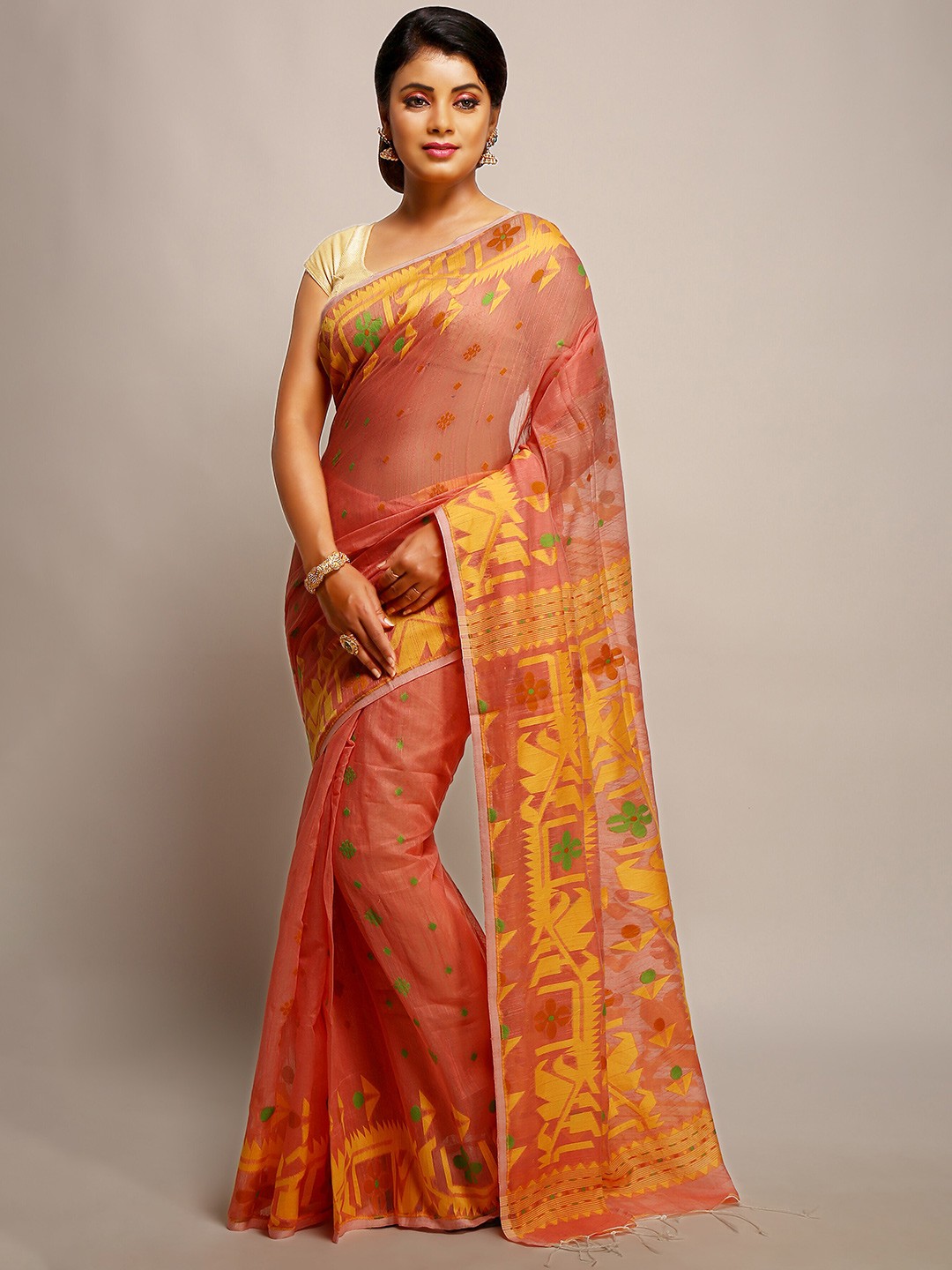 

BENGAL HANDLOOM Ethnic Motifs Woven Design Art Silk Taant Saree, Pink