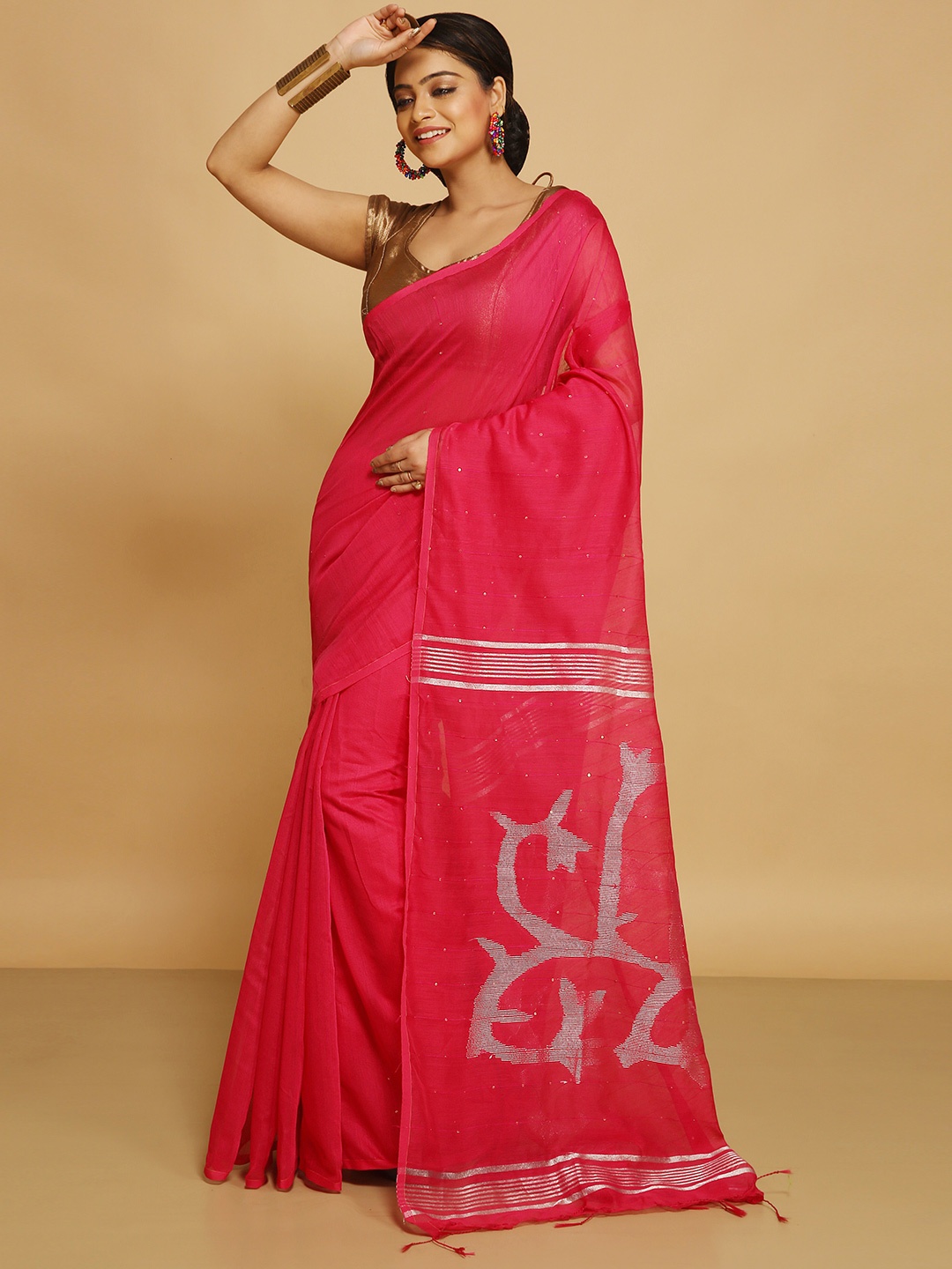 

BENGAL HANDLOOM Zari Taant Saree, Red