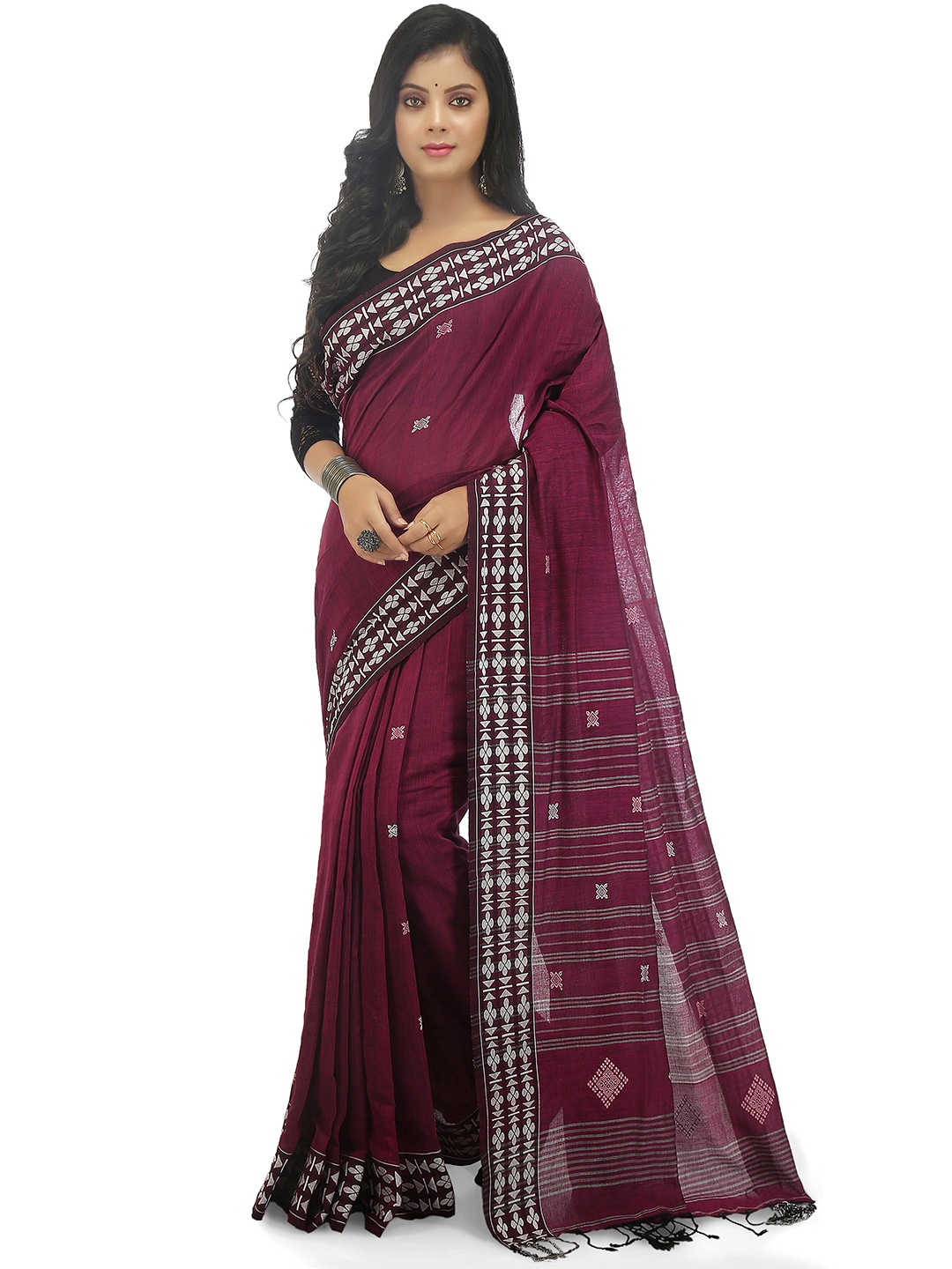 

BENGAL HANDLOOM Ethnic Motifs Woven Design Pure Cotton Taant Saree, Pink