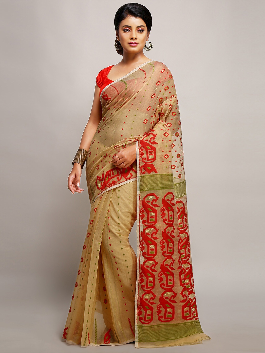 

BENGAL HANDLOOM Ethnic Motifs Woven Design Taant Saree, Beige