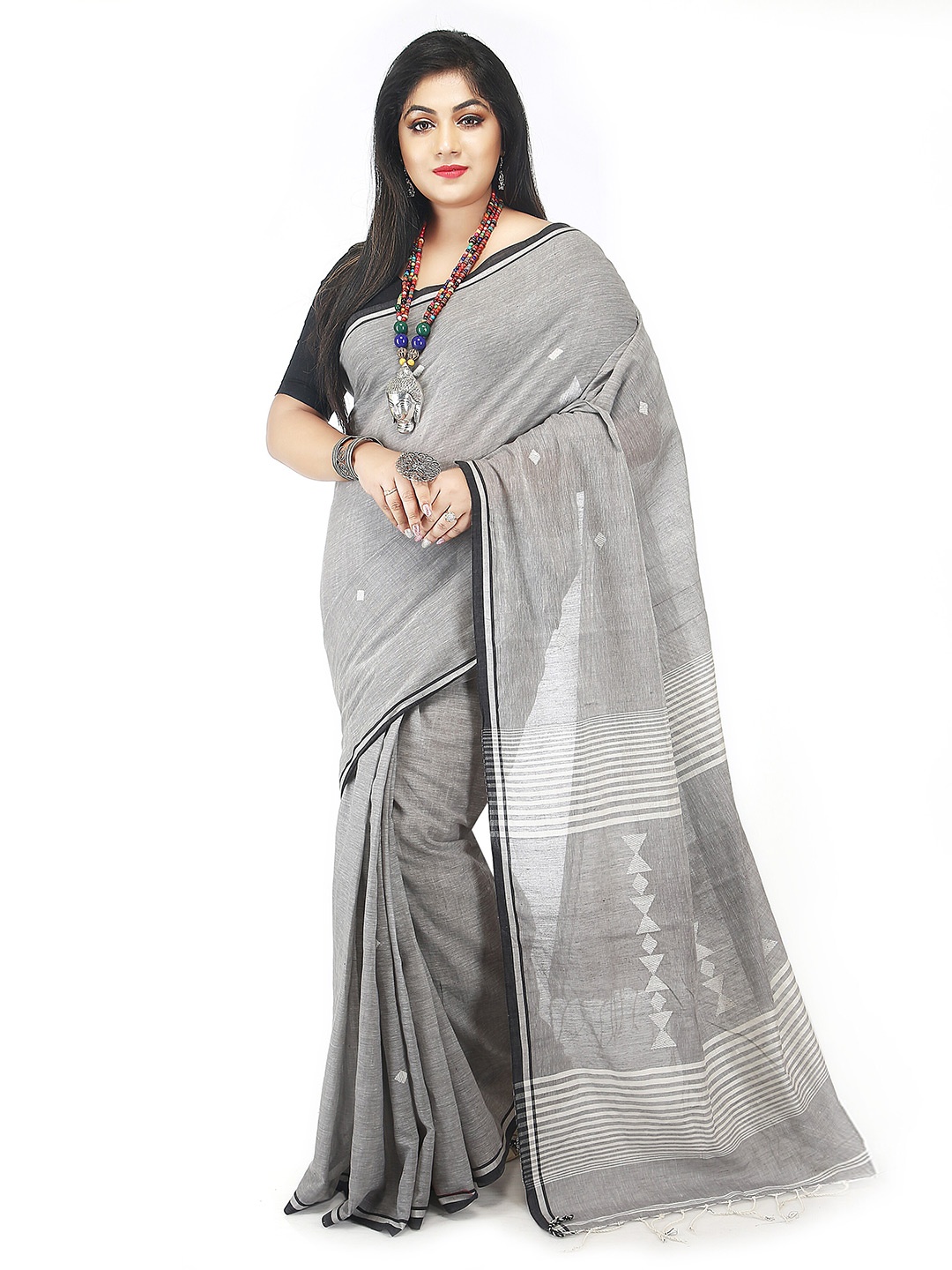 

BENGAL HANDLOOM Ethnic Motifs Woven Designed Pure Cotton Taant Saree, Grey