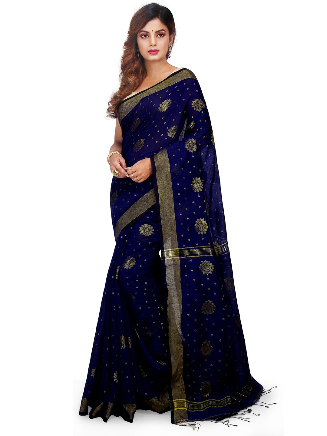 

BENGAL HANDLOOM Ethnic Motifs Woven Design Zari Saree, Blue