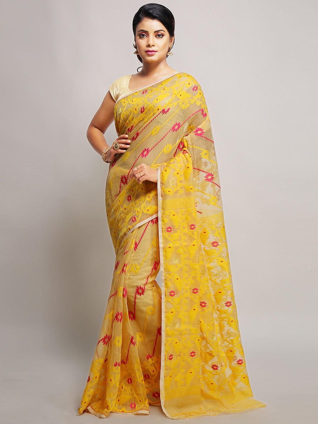 

BENGAL HANDLOOM Ethnic Motifs Woven Design Cotton Silk Taant Saree, Beige