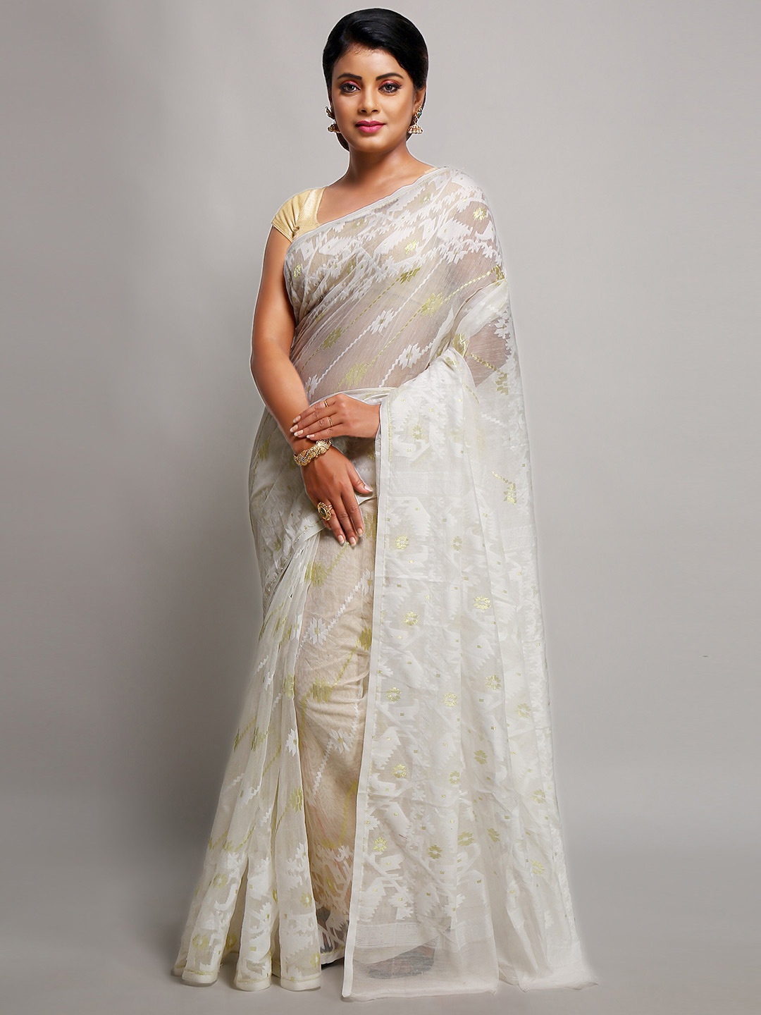 

BENGAL HANDLOOM Ethnic Motifs Woven Designed Taant Saree, White