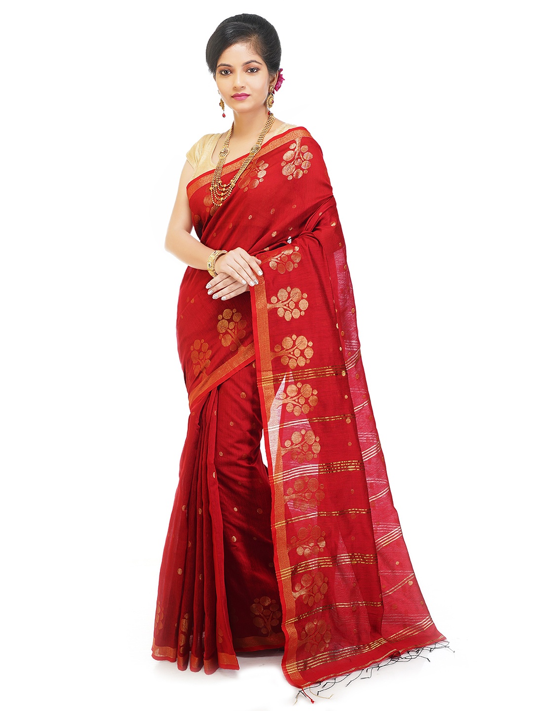 

BENGAL HANDLOOM Ethnic Motifs Woven Design Jacquard Art Silk Taant Saree, Red