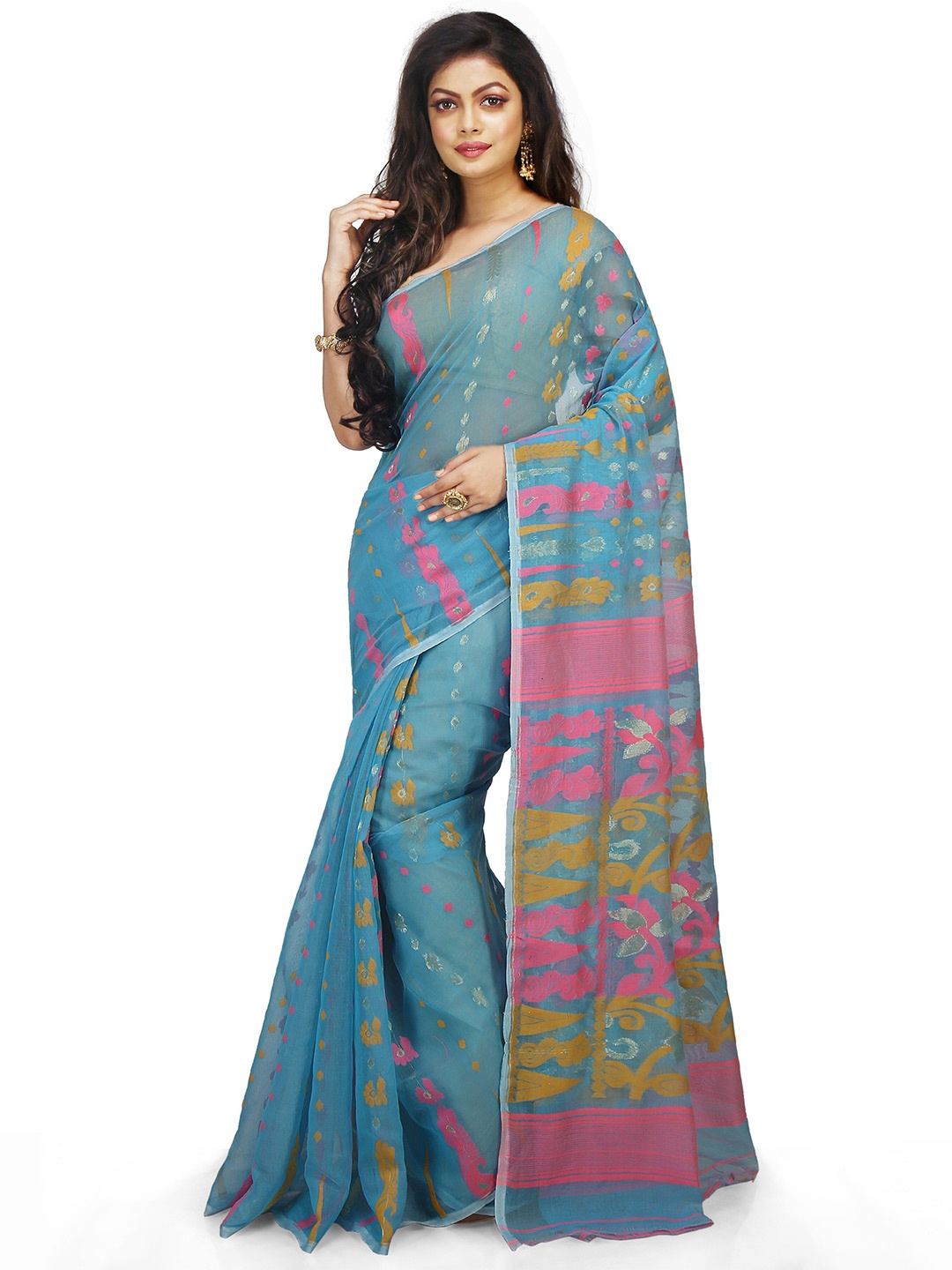 

BENGAL HANDLOOM Ethnic Motifs Woven Designed Zari Taant Saree, Turquoise blue