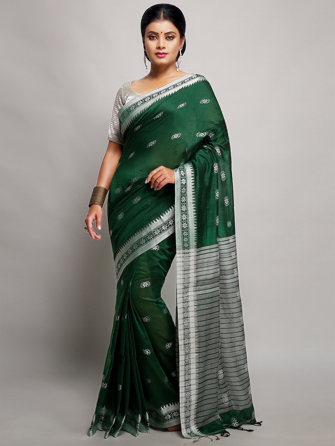 

BENGAL HANDLOOM Ethnic Motifs Woven Design Zari Art Silk Taant Saree, Green