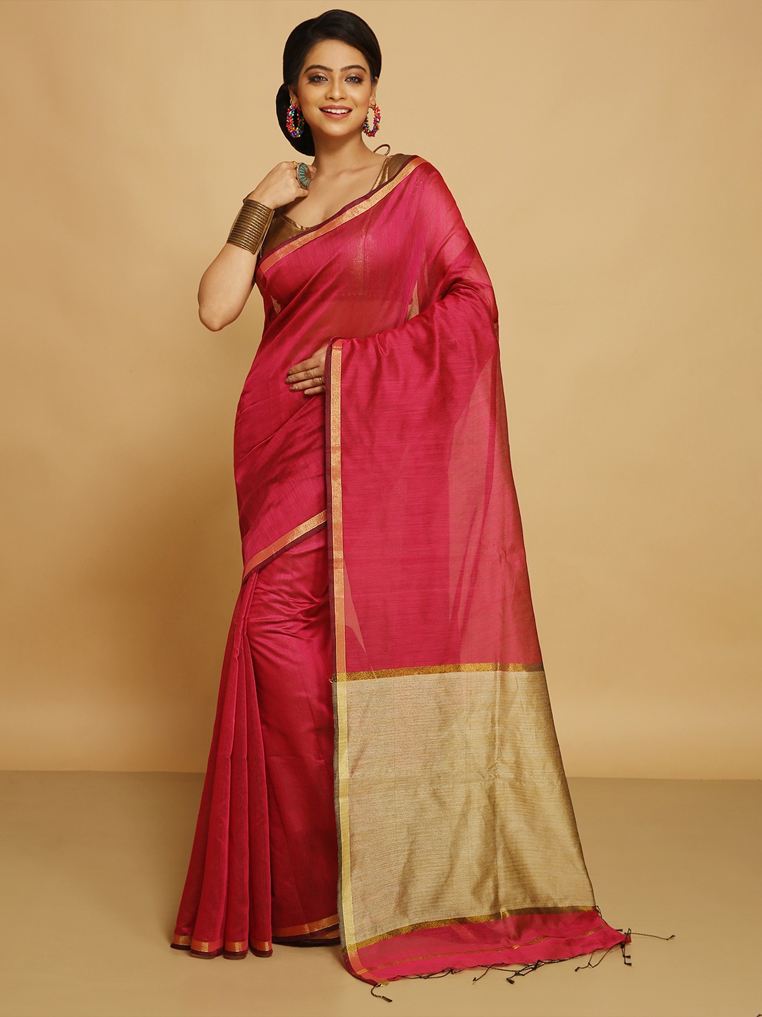 

BENGAL HANDLOOM Zari Art Silk Taant Saree, Pink