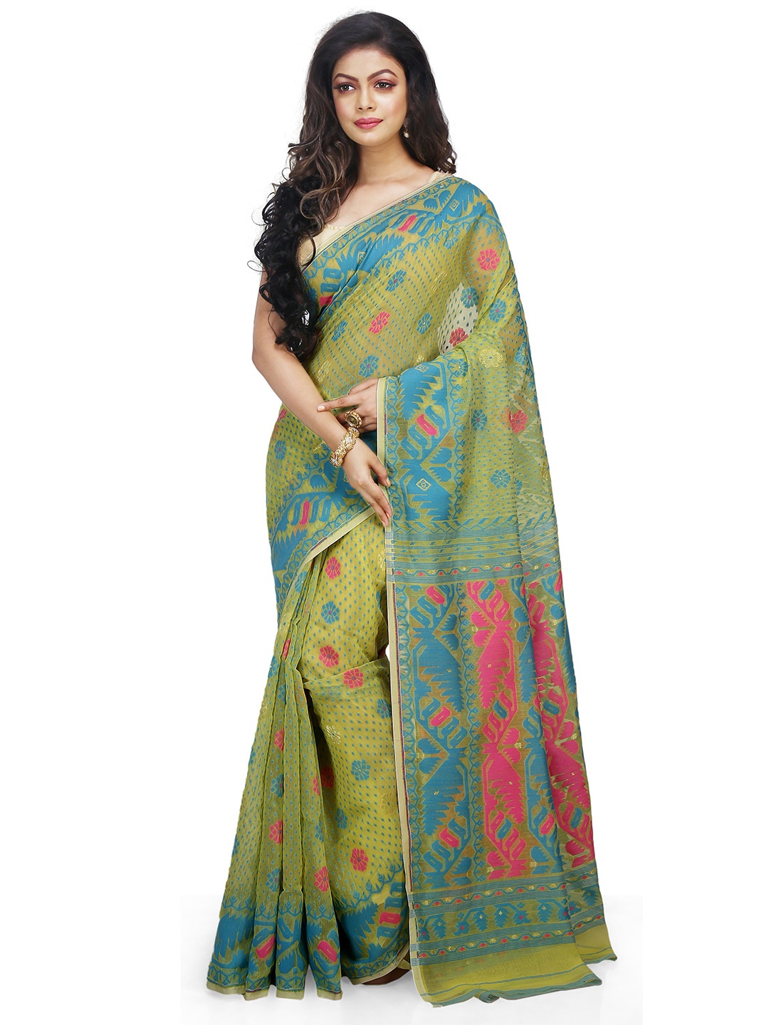 

BENGAL HANDLOOM Woven Design Floral Art Silk Taant Saree, Green