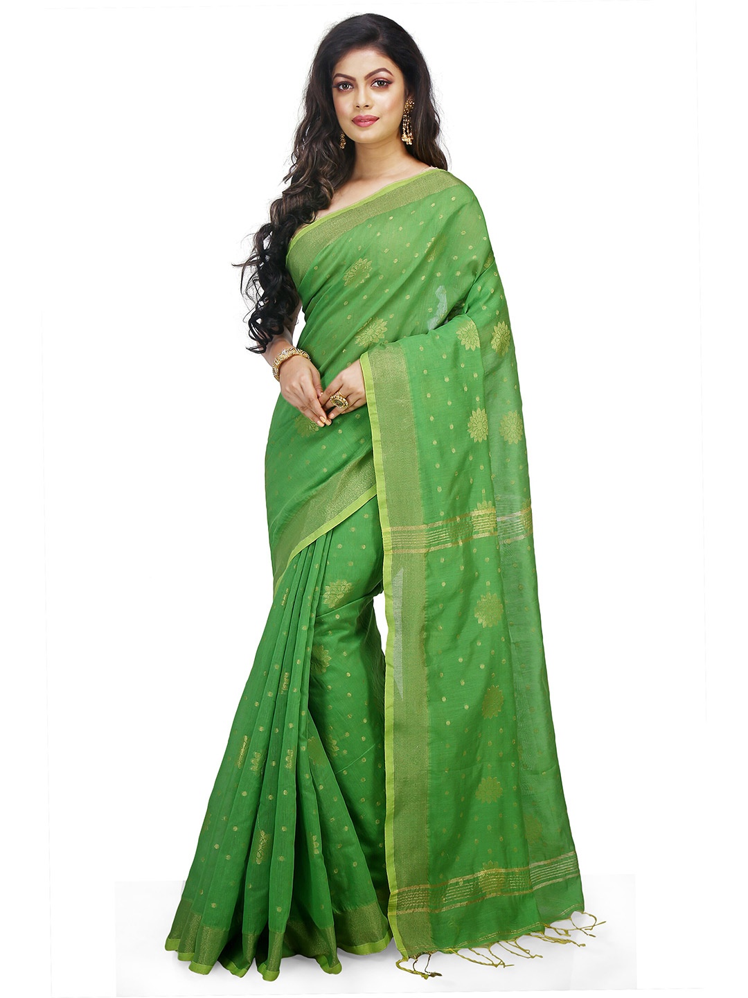 

BENGAL HANDLOOM Ethnic Motifs Woven Design Zari Art Silk Taant Saree, Green