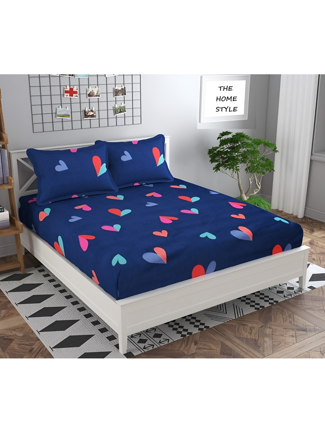 

THE HOME STYLE Blue 300 TC Fitted Cotton Queen Bedsheet with 2 Pillow Covers, Navy blue