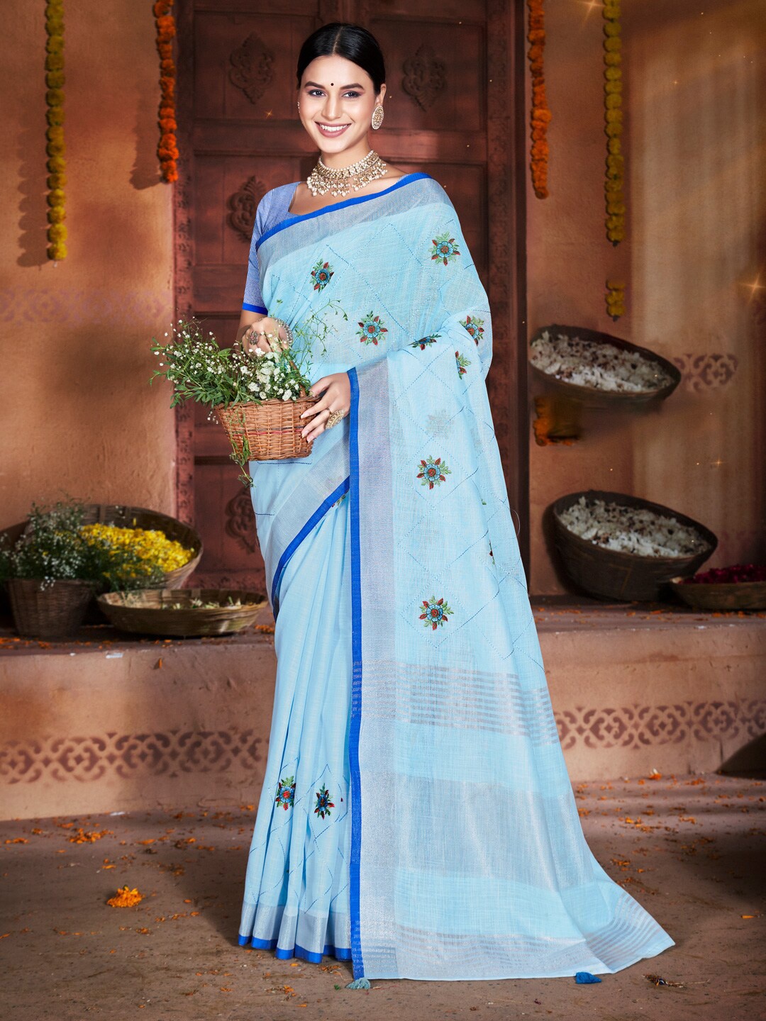 

SANGAM PRINTS Floral Embroidered Linen Blend Saree, Blue