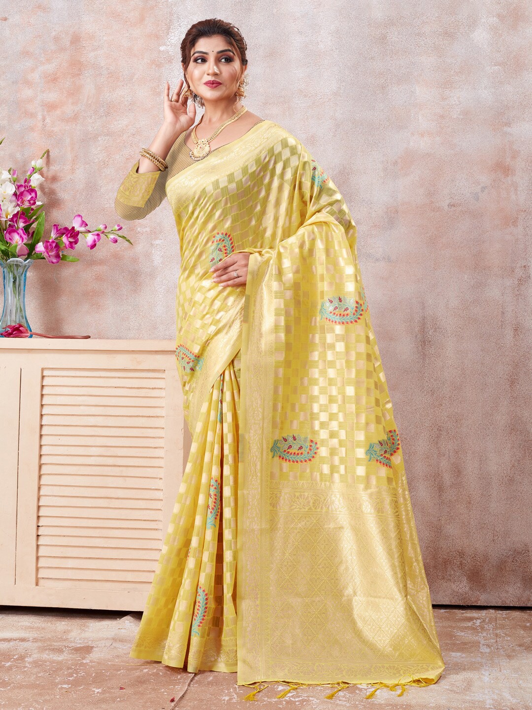 

SANGAM PRINTS Woven Design Zari Kota Saree, Yellow