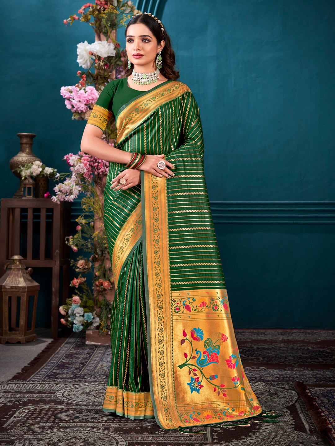 

SANGAM PRINTS Ethnic Woven Design Zari Paithani Saree, Green