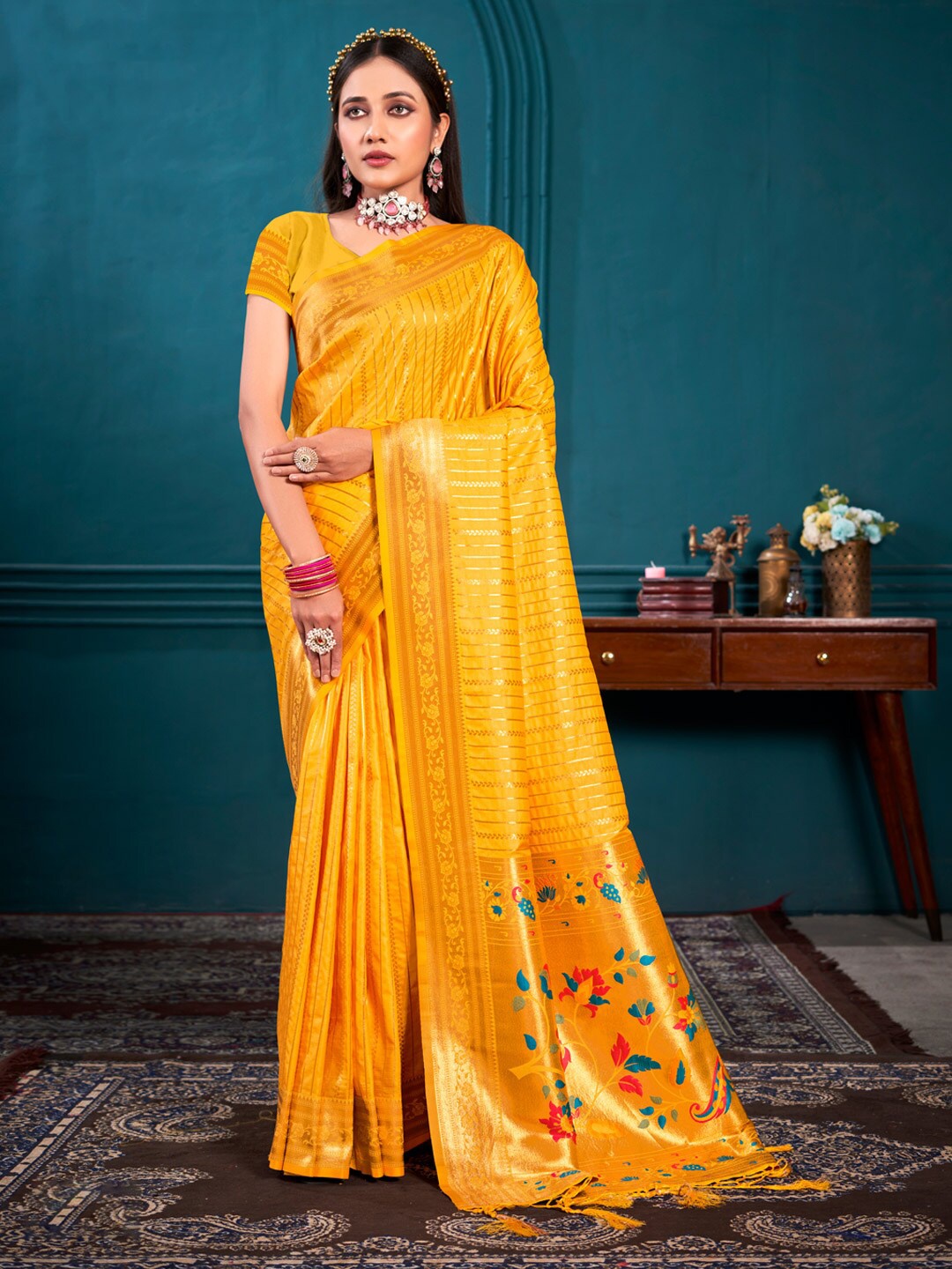 

SANGAM PRINTS Ethnic Motifs Woven Design Zari Paithani Saree, Mustard