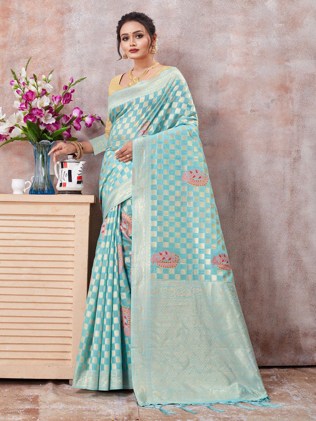 

SANGAM PRINTS Woven Design Zari Kota Saree, Blue