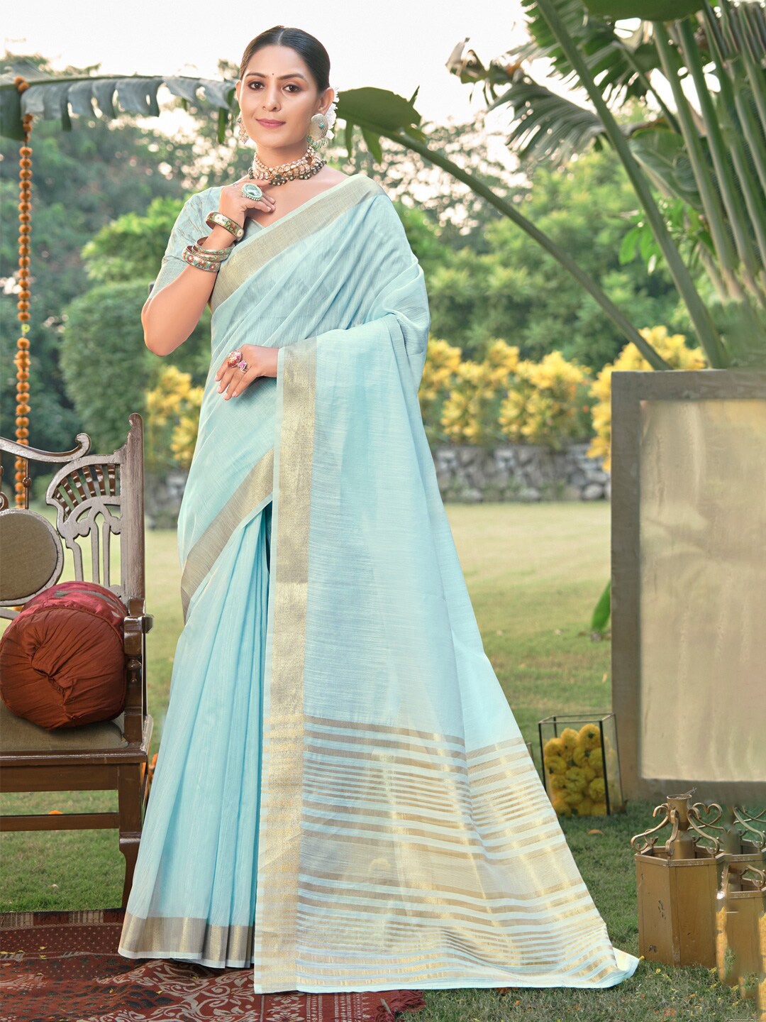 

SANGAM PRINTS Zari Saree, Blue