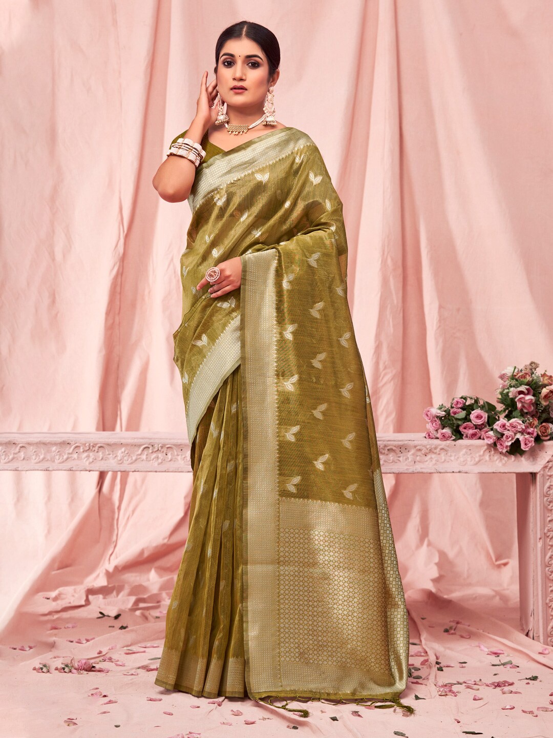 

SANGAM PRINTS Floral Woven Design Zari Kota Saree, Green