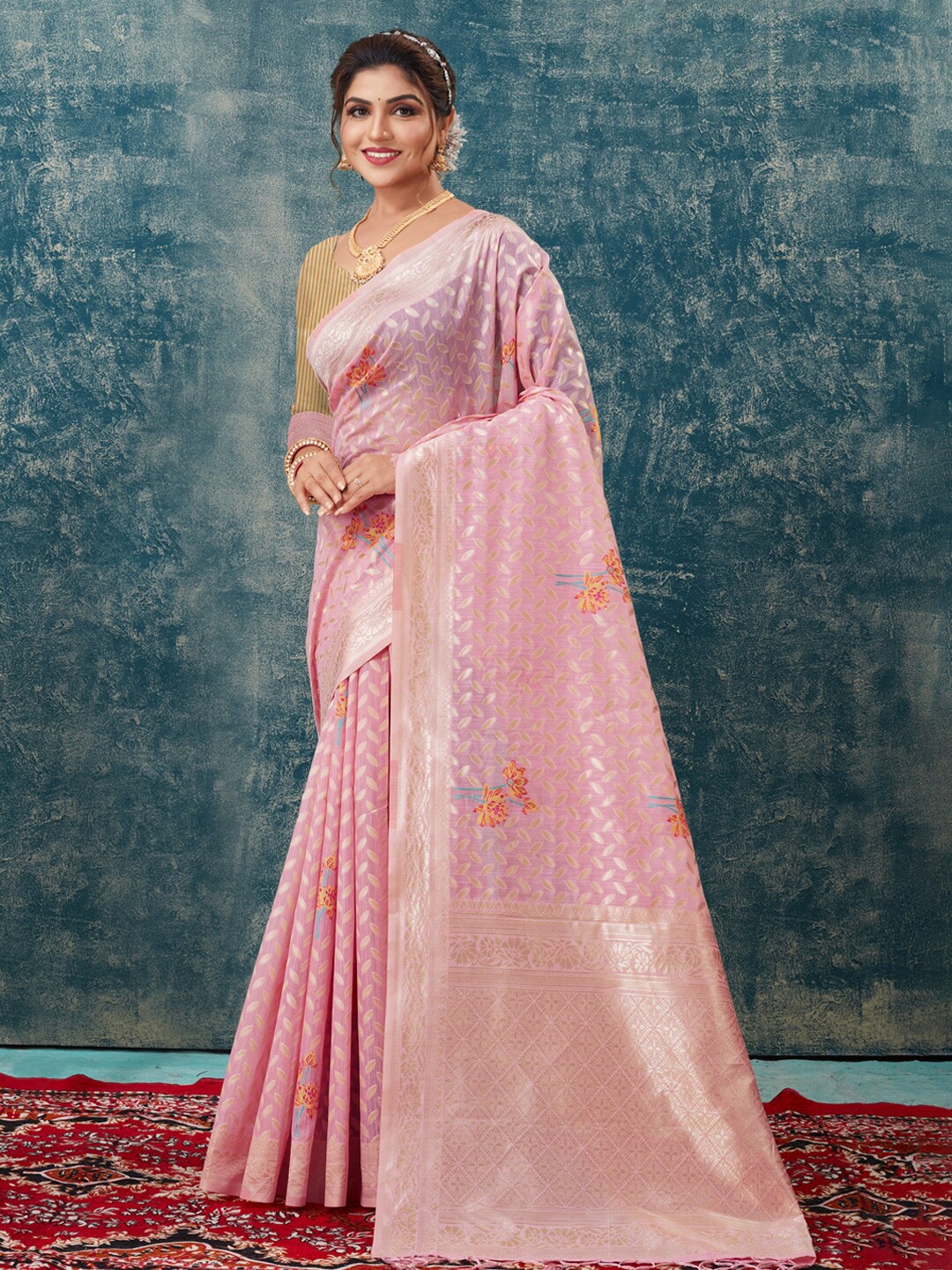 

SANGAM PRINTS Ethnic Woven Design Zari Kota Saree, Pink