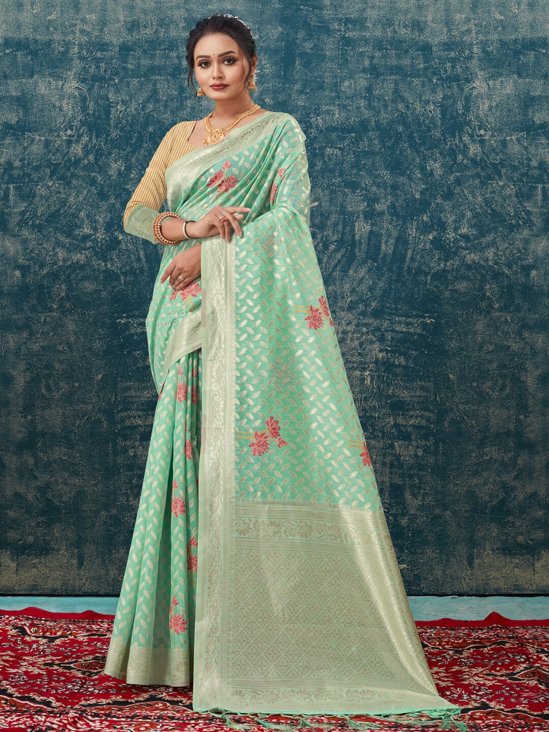 

SANGAM PRINTS Ethnic Motifs Woven Design Zari Kota Saree, Sea green
