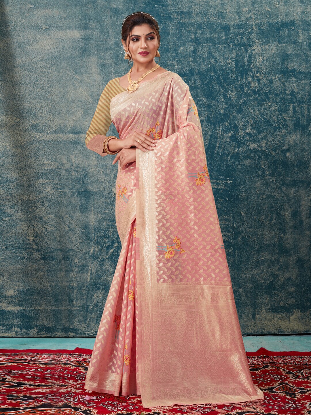 

SANGAM PRINTS Ethnic Motifs Woven Design Zari Kota Saree, Peach