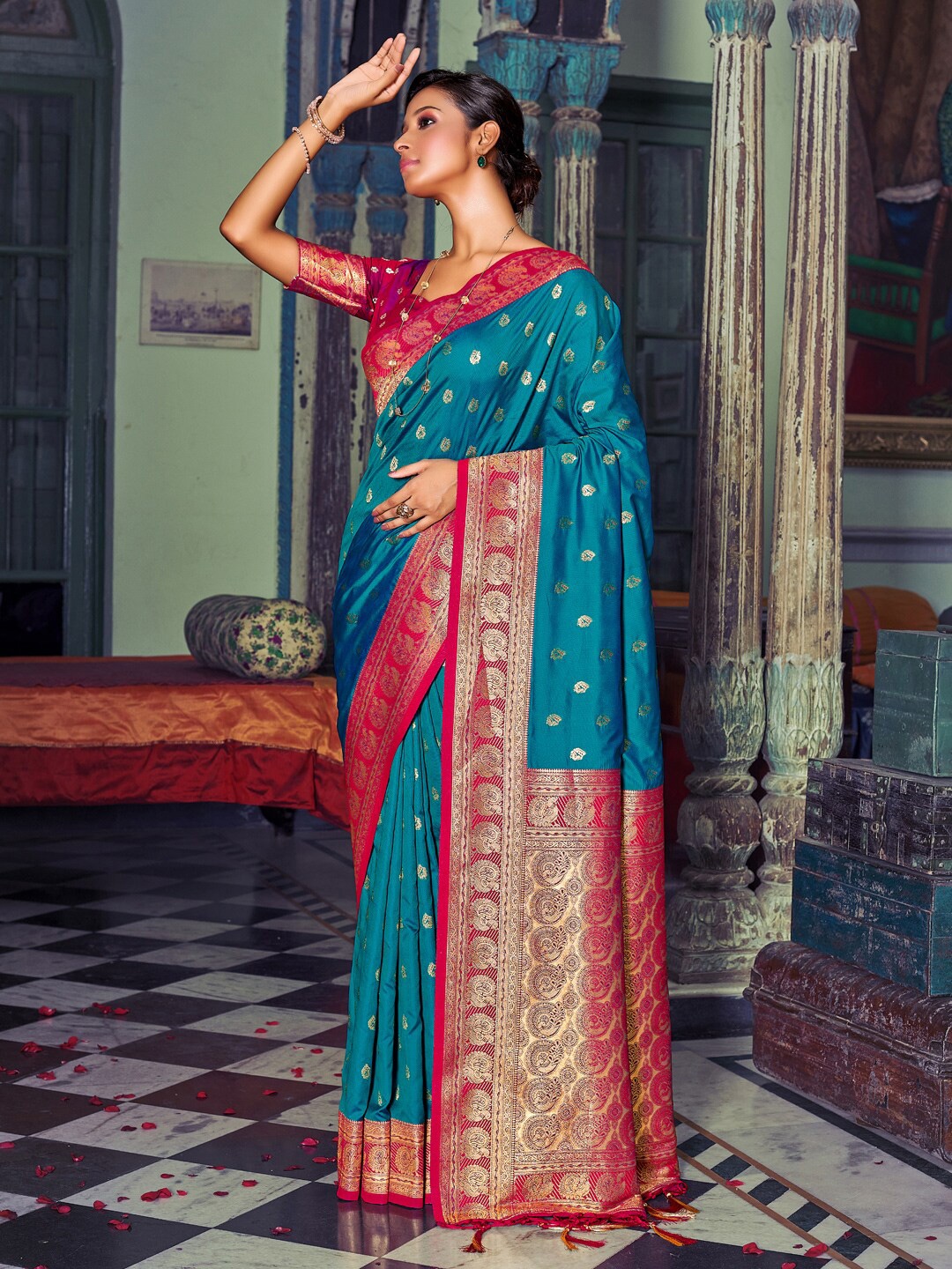 

SANGAM PRINTS Ethnic Motifs Woven Design Zari Banarasi Saree, Blue