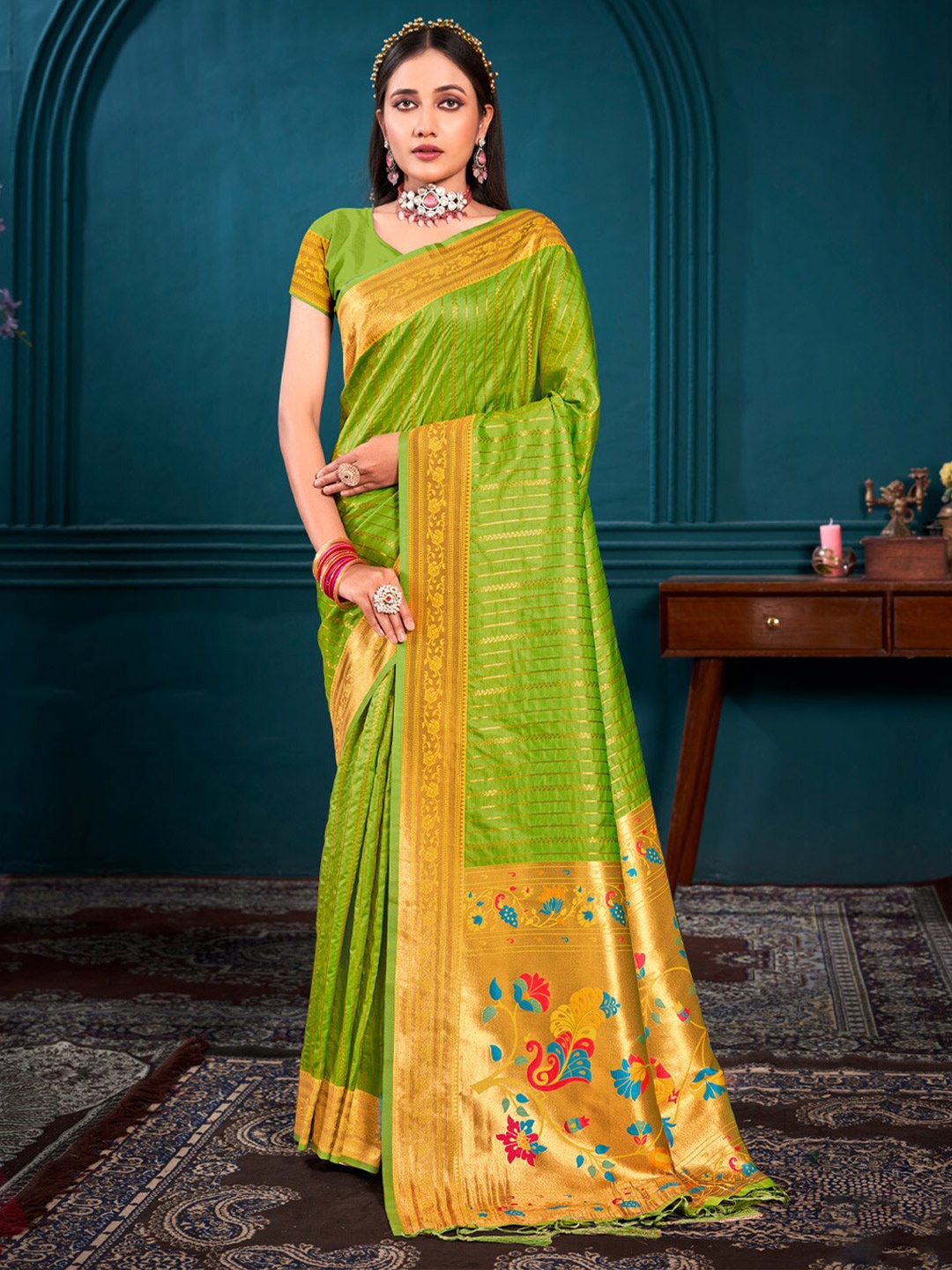 

SANGAM PRINTS Striped Woven Design Zari Silk Blend Paithani Saree, Green